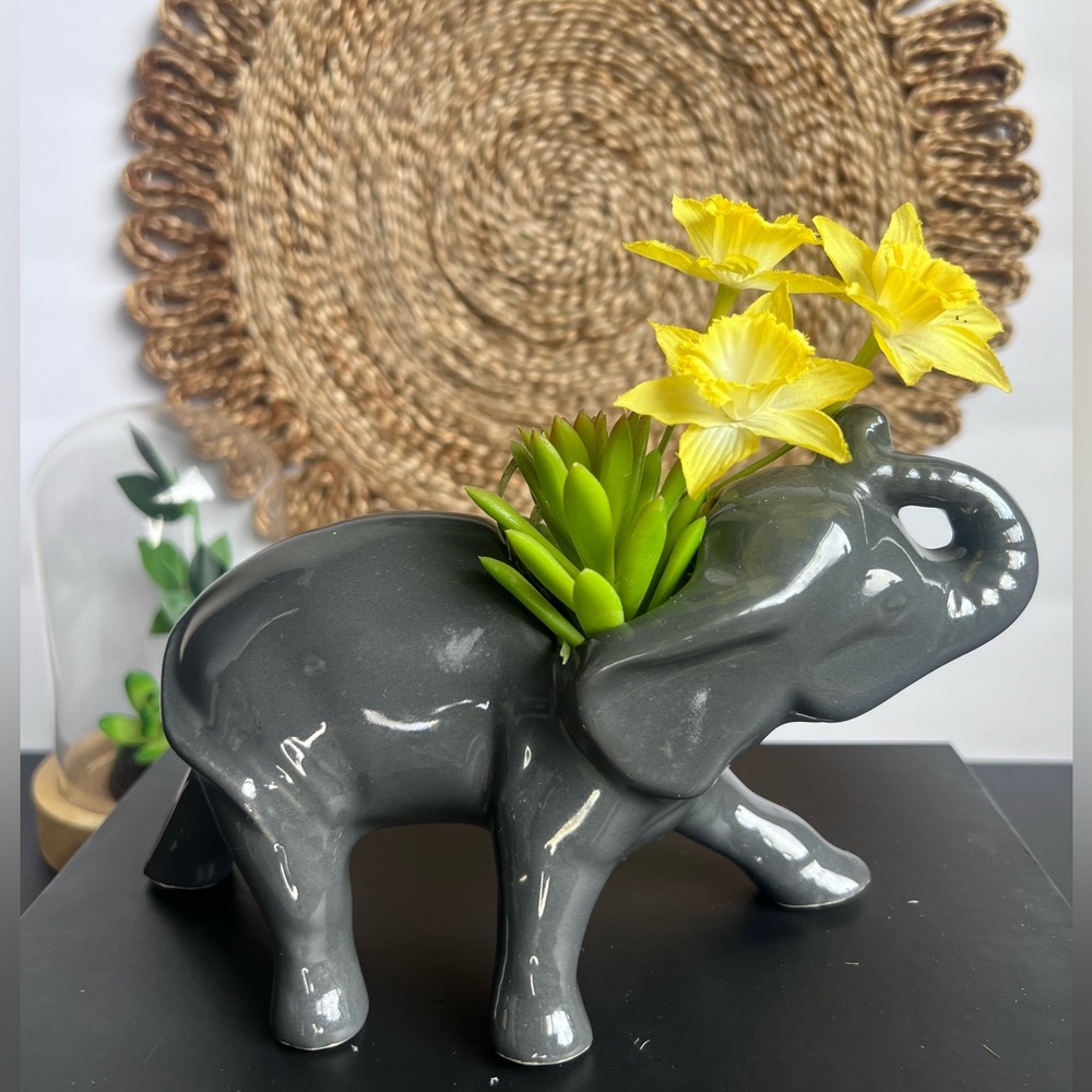 Vintage Glazed Ceramic Elephant Planter